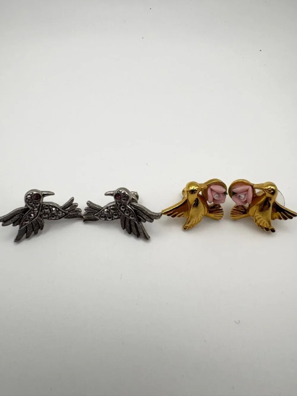 Avon Vintage Hummingbird Earrings Lot Silver Tone Rhinestone Gold Tone Rose Post